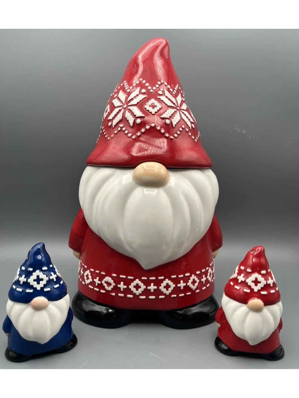 Gnome Cookie Jar Bico Santa Nordic Red w/ Salt Pepper Shakers Christmas Set